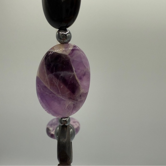 Unique Genuine Amethyst and Tourmaline Stone Beaded Tribal Pendant Necklace - Picture 3 of 11